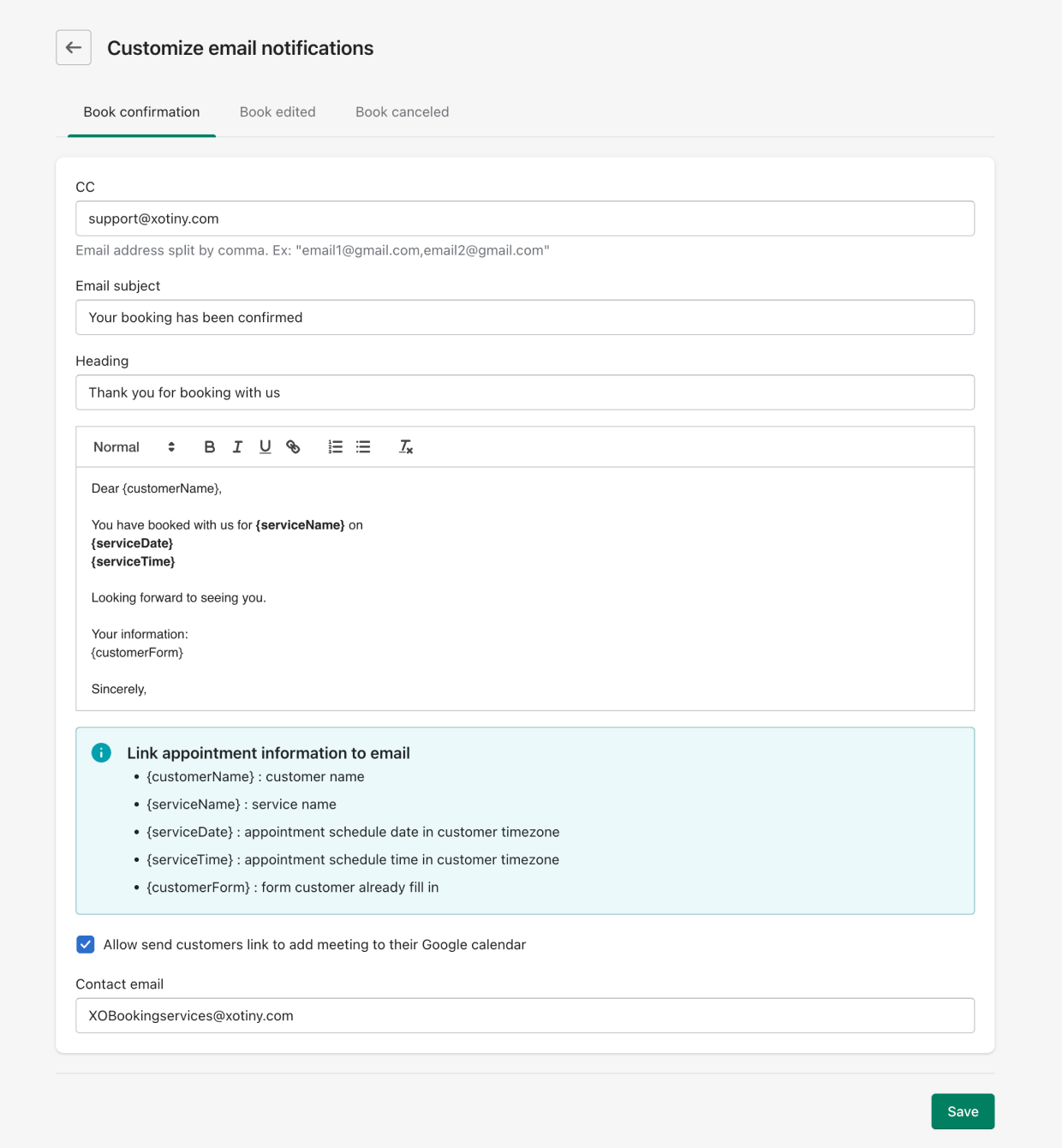 XO Booking services email
