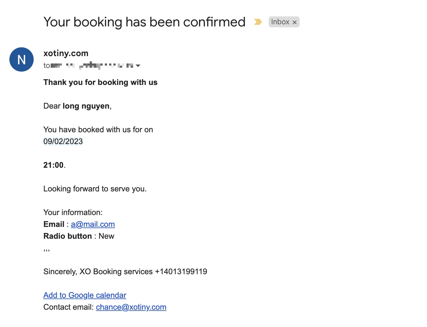 XO Booking services email