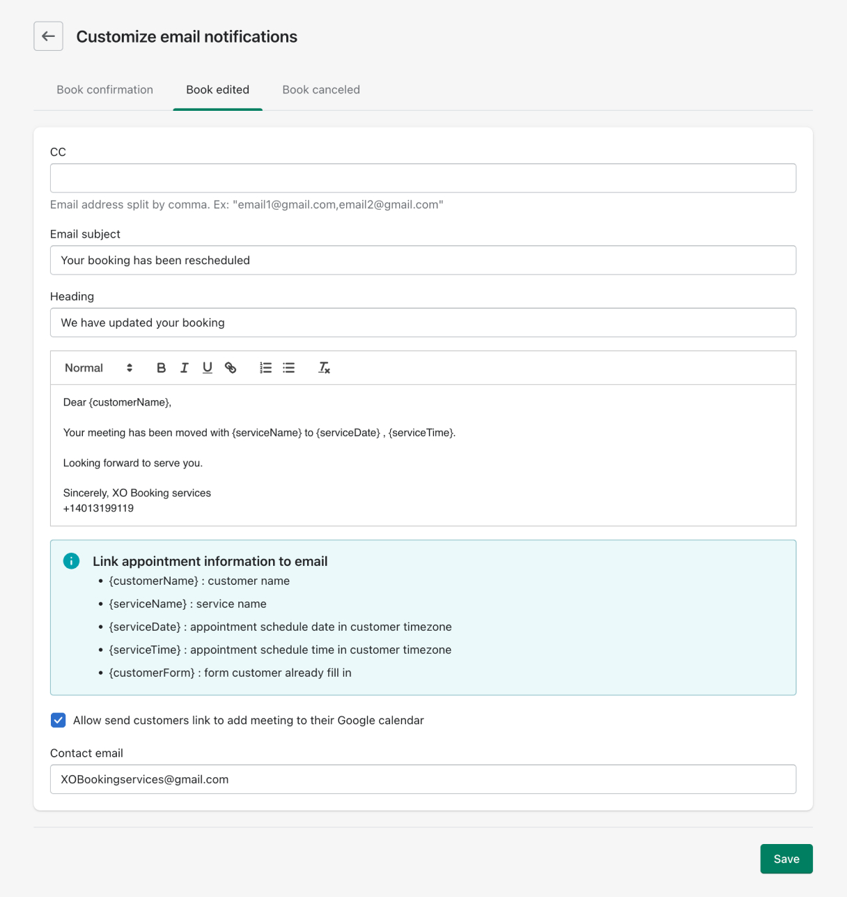 XO Booking services email