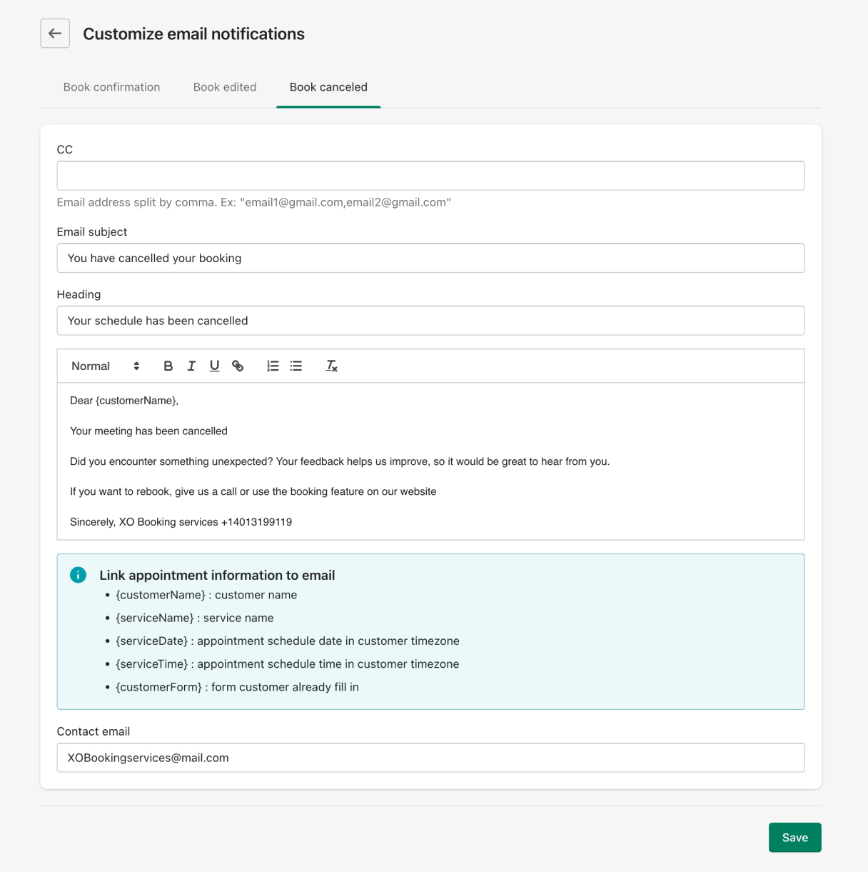 XO Booking services email